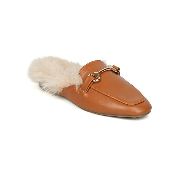 Details about   Women PU Leather Buckle Fur Lined Mules Shoes Winter No-slip Warm Slippers Feng8